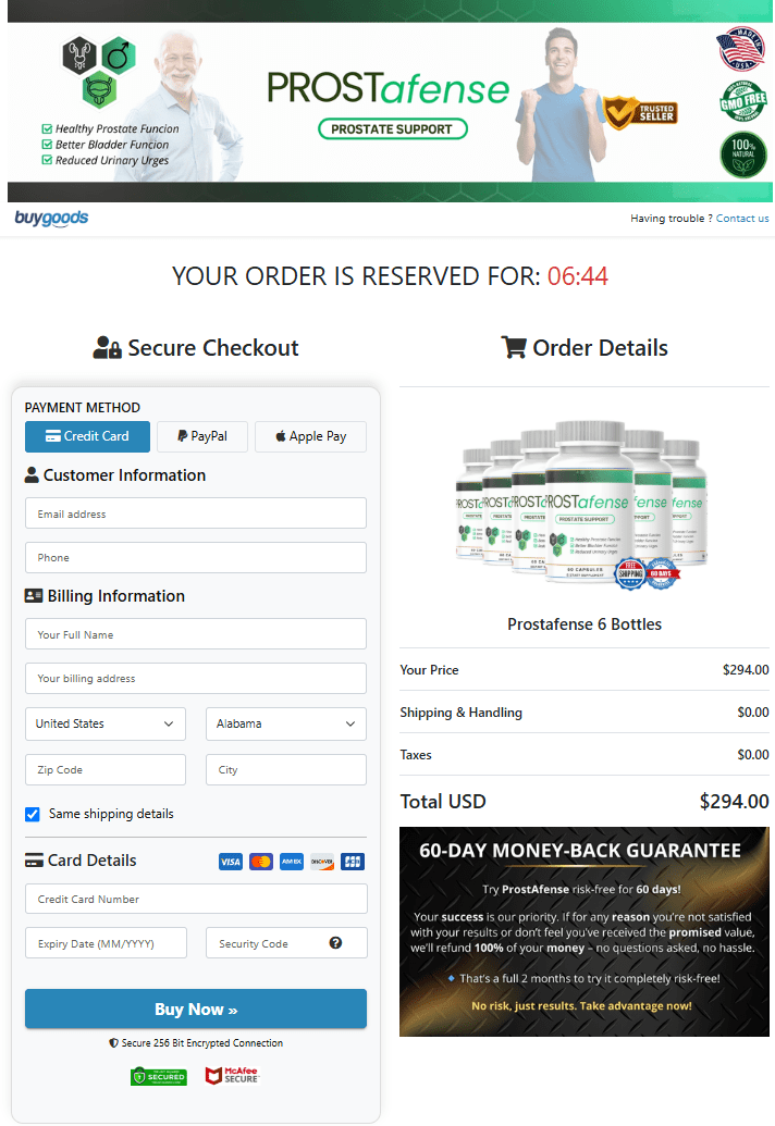 ProstAfense checkout page